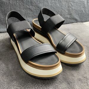 Crown Vintage Platform Sandals Womens 8.5 Leather Black White Tan Chunky Wedge